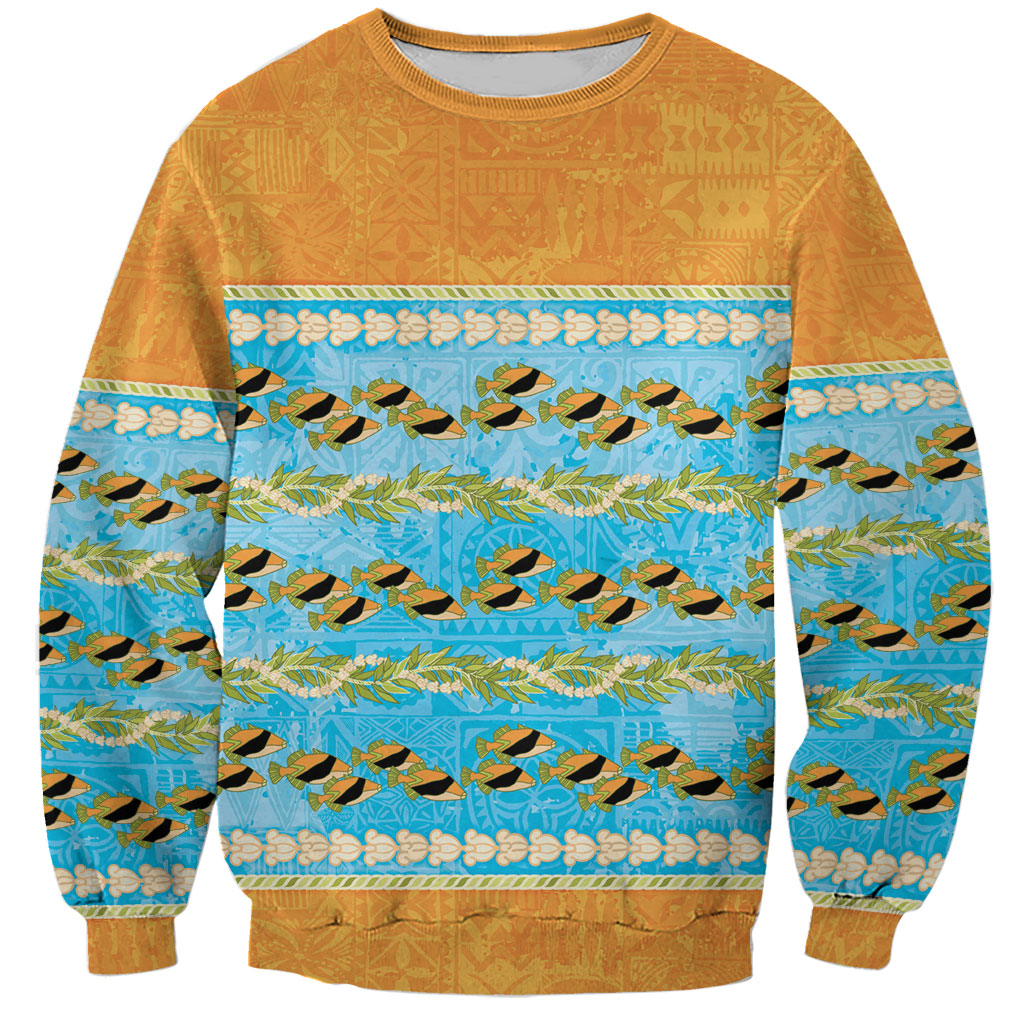 Hawaii Humuhumu Fish Maile Pikake Lei Sweatshirt Tribal Tapa Orange Version LT05 Unisex Orange - Polynesian Pride