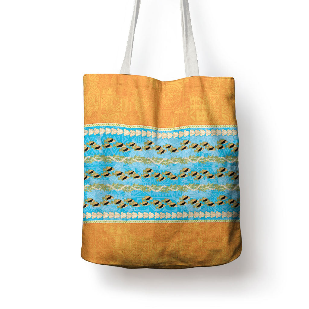 Hawaii Humuhumu Fish Maile Pikake Lei Tote Bag Tribal Tapa Orange Version