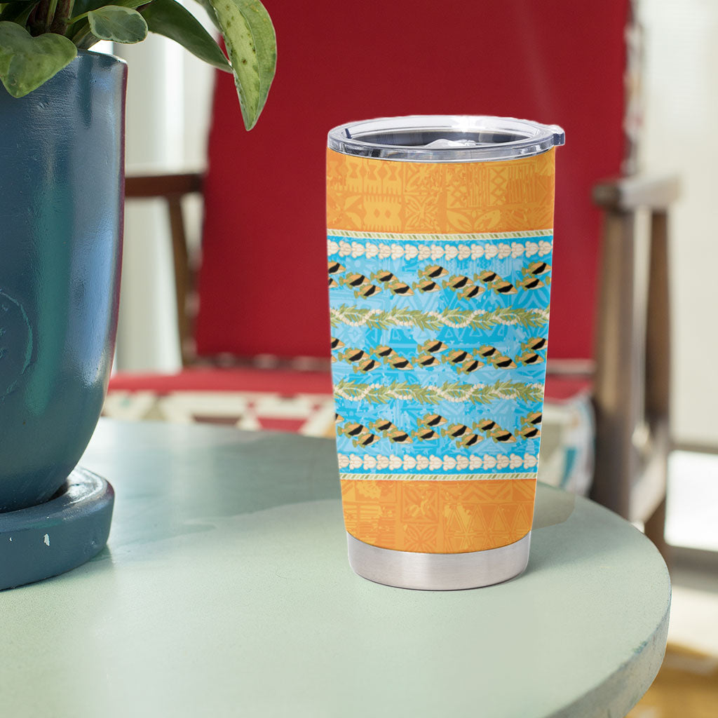 Hawaii Humuhumu Fish Maile Pikake Lei Tumbler Cup Tribal Tapa Orange Version
