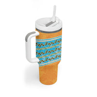 Hawaii Humuhumu Fish Maile Pikake Lei Tumbler With Handle Tribal Tapa Orange Version