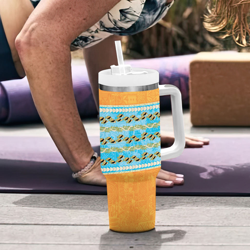 Hawaii Humuhumu Fish Maile Pikake Lei Tumbler With Handle Tribal Tapa Orange Version