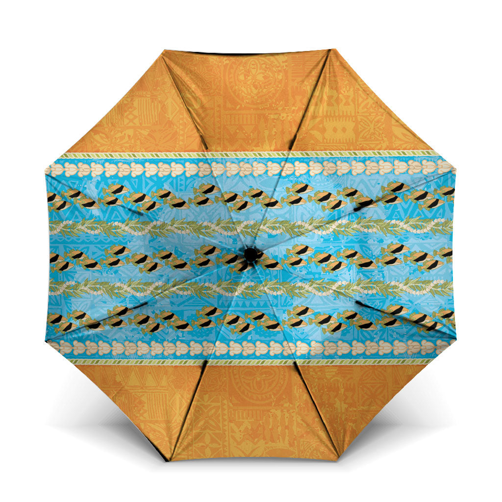 Hawaii Humuhumu Fish Maile Pikake Lei Umbrella Tribal Tapa Orange Version