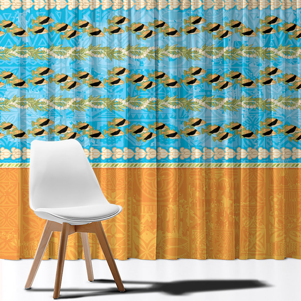 Hawaii Humuhumu Fish Maile Pikake Lei Window Curtain Tribal Tapa Orange Version