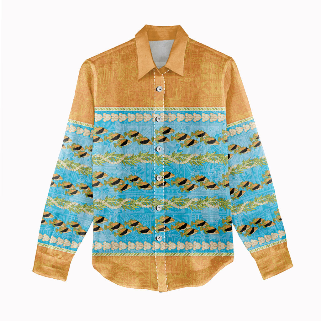Hawaii Humuhumu Fish Maile Pikake Lei Women Casual Shirt Tribal Tapa Orange Version