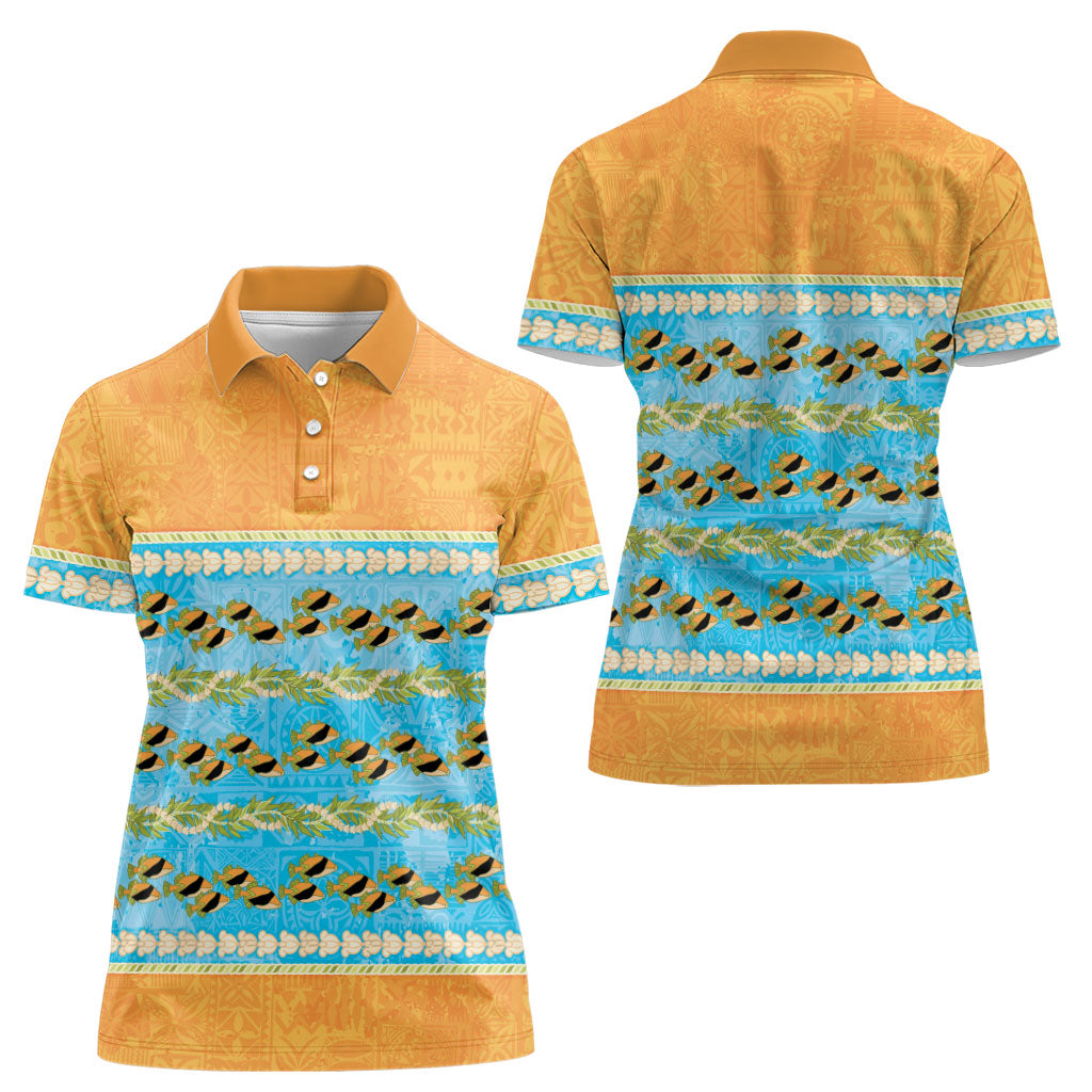 Hawaii Humuhumu Fish Maile Pikake Lei Women Polo Shirt Tribal Tapa Orange Version