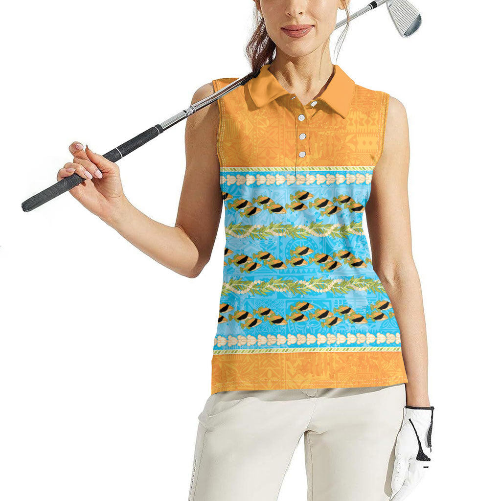 Hawaii Humuhumu Fish Maile Pikake Lei Women Sleeveless Polo Shirt Tribal Tapa Orange Version