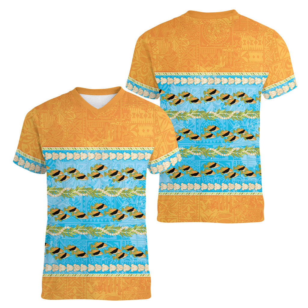 Hawaii Humuhumu Fish Maile Pikake Lei Women V-Neck T-Shirt Tribal Tapa Orange Version