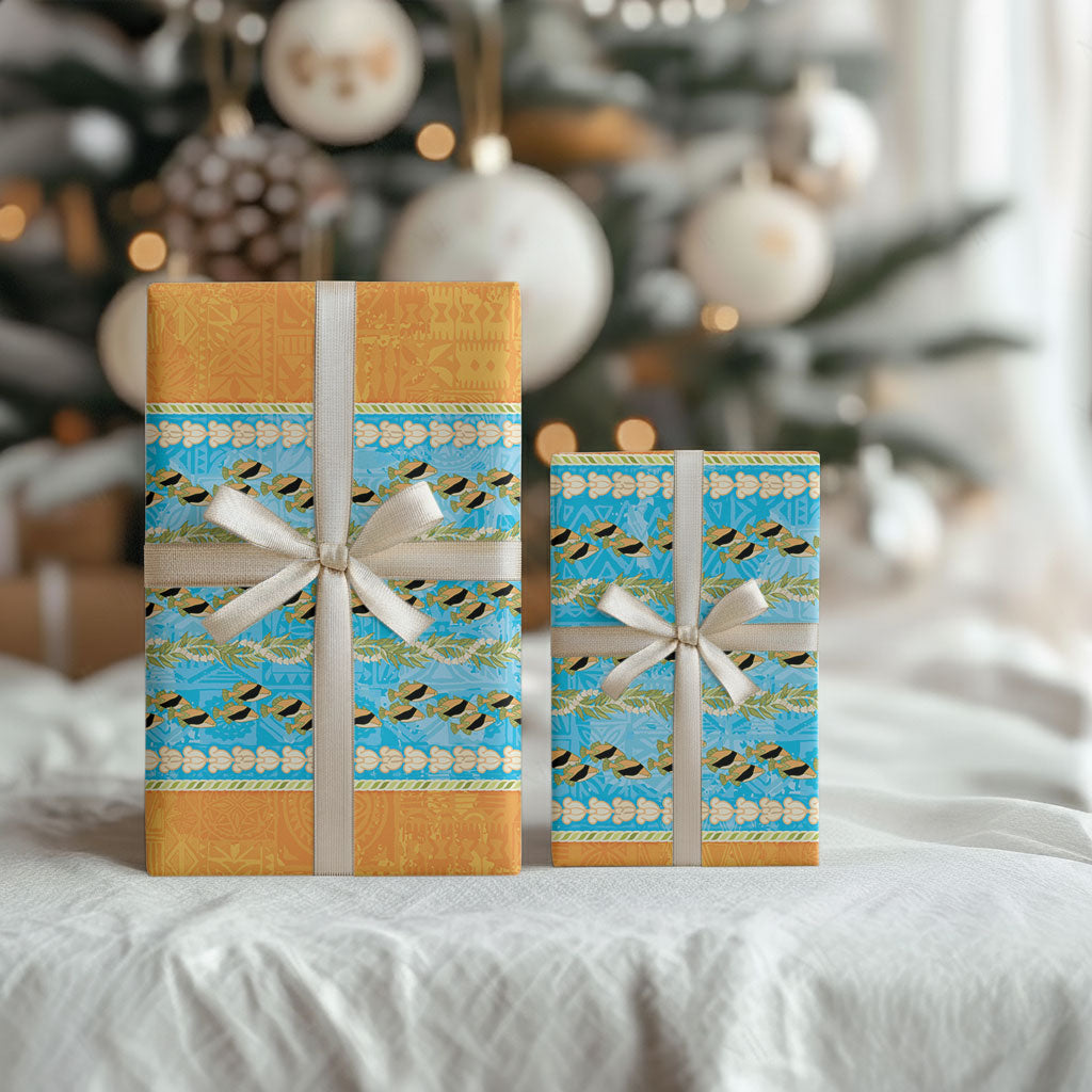 Hawaii Humuhumu Fish Maile Pikake Lei Wrapping Paper Tribal Tapa Orange Version