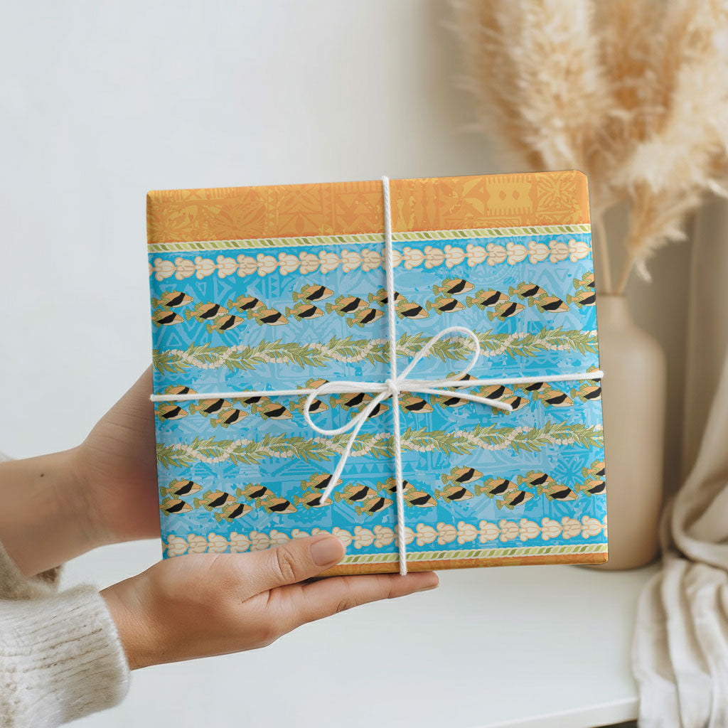 Hawaii Humuhumu Fish Maile Pikake Lei Wrapping Paper Tribal Tapa Orange Version