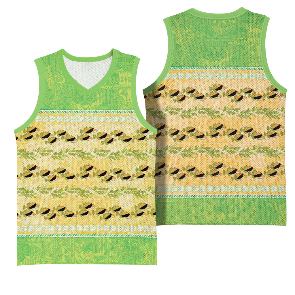 Hawaii Humuhumu Fish Maile Pikake Lei Basketball Jersey Tribal Tapa Green Version