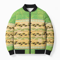 Hawaii Humuhumu Fish Maile Pikake Lei Bomber Puffer Jacket Tribal Tapa Green Version