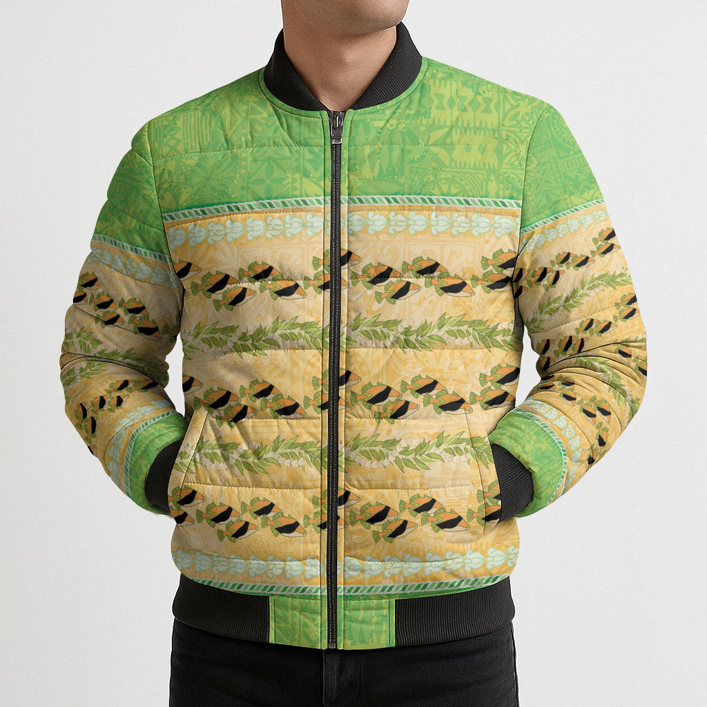 Hawaii Humuhumu Fish Maile Pikake Lei Bomber Puffer Jacket Tribal Tapa Green Version