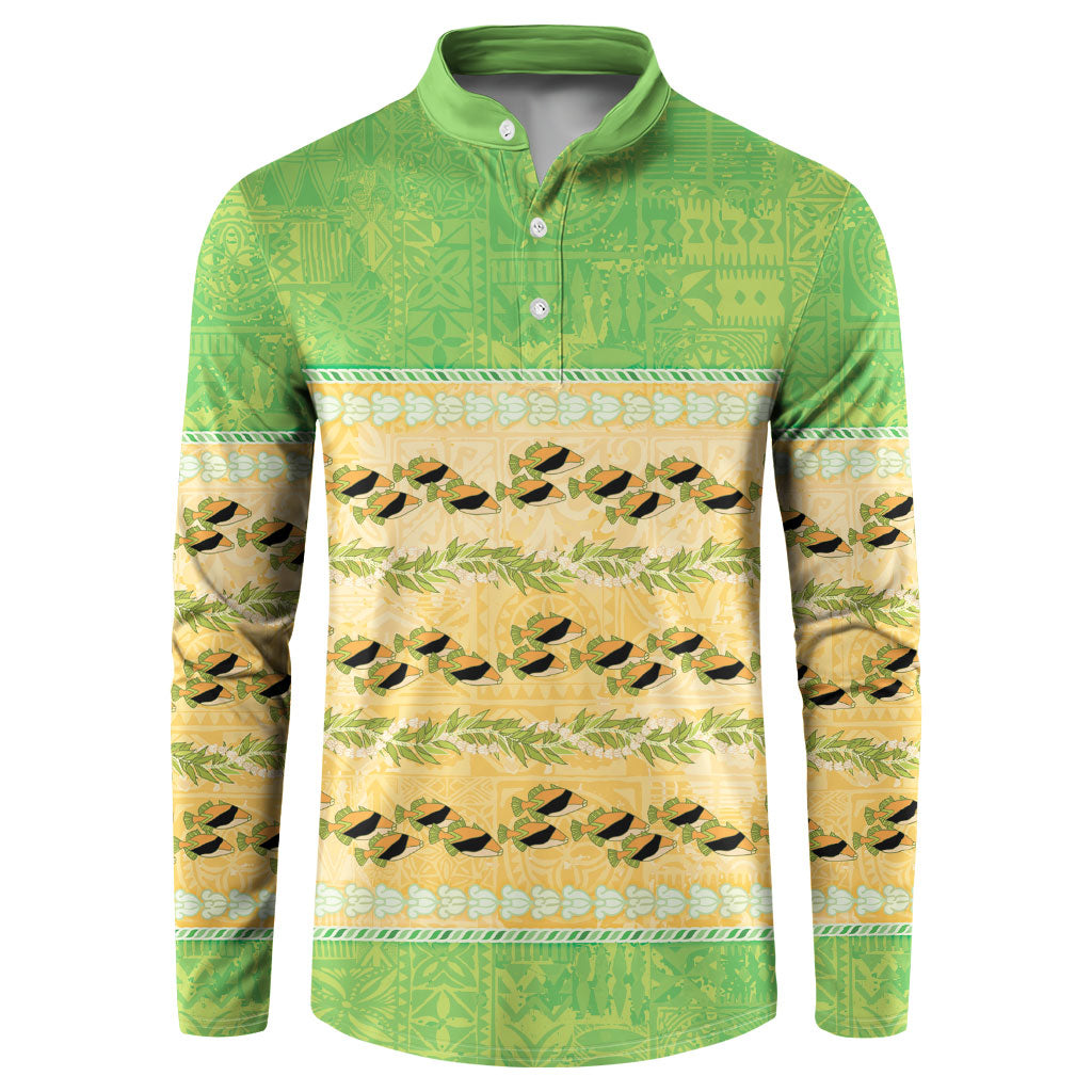 Hawaii Humuhumu Fish Maile Pikake Lei Button Sweatshirt Tribal Tapa Green Version