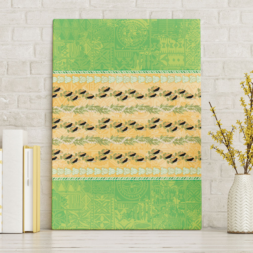 Hawaii Humuhumu Fish Maile Pikake Lei Canvas Wall Art Tribal Tapa Green Version
