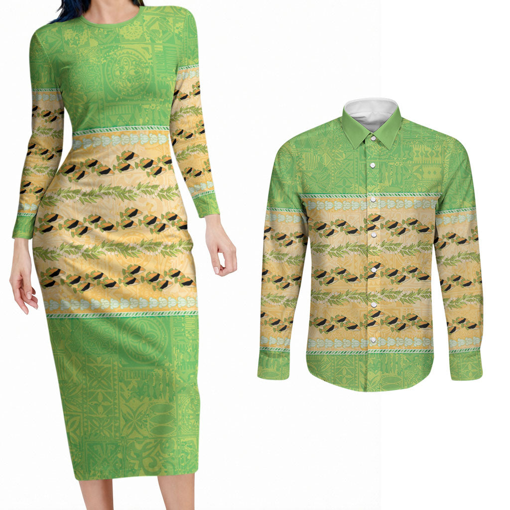 Hawaii Humuhumu Fish Maile Pikake Lei Couples Matching Long Sleeve Bodycon Dress and Long Sleeve Button Shirt Tribal Tapa Green Version