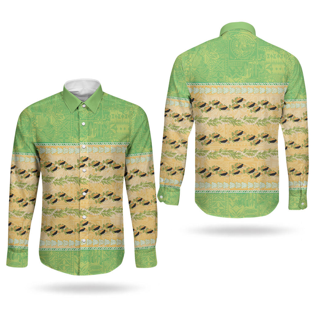 Hawaii Humuhumu Fish Maile Pikake Lei Couples Matching Long Sleeve Bodycon Dress and Long Sleeve Button Shirt Tribal Tapa Green Version