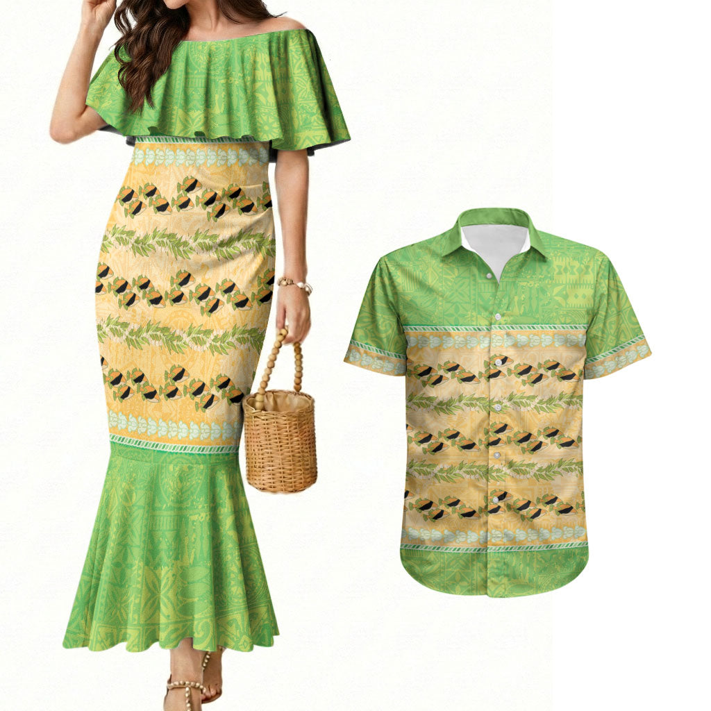 Hawaii Humuhumu Fish Maile Pikake Lei Couples Matching Mermaid Dress and Hawaiian Shirt Tribal Tapa Green Version