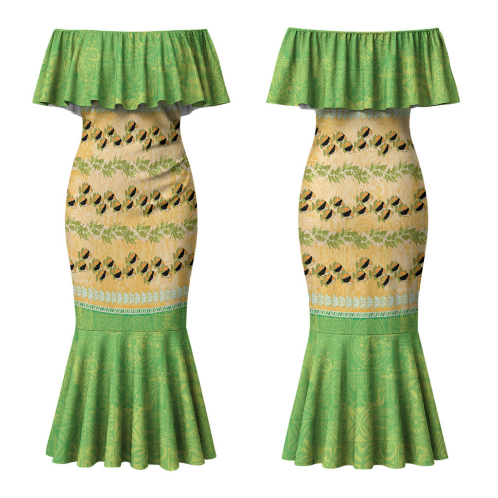 Hawaii Humuhumu Fish Maile Pikake Lei Couples Matching Mermaid Dress and Long Sleeve Button Shirt Tribal Tapa Green Version