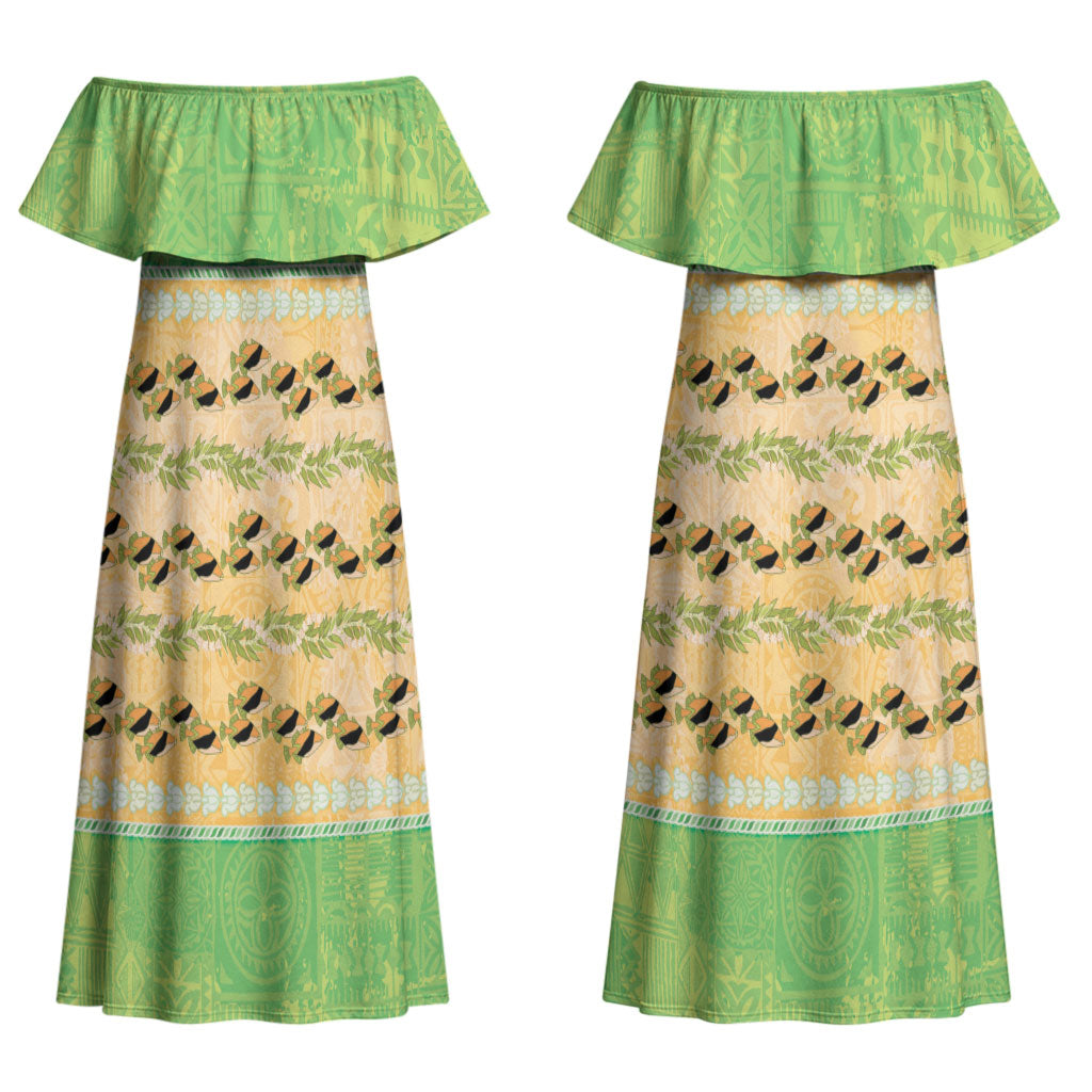 Hawaii Humuhumu Fish Maile Pikake Lei Couples Matching Off Shoulder Maxi Dress and Long Sleeve Button Shirt Tribal Tapa Green Version