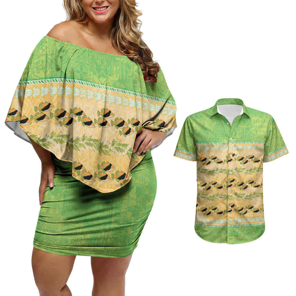 Hawaii Humuhumu Fish Maile Pikake Lei Couples Matching Off Shoulder Short Dress and Hawaiian Shirt Tribal Tapa Green Version