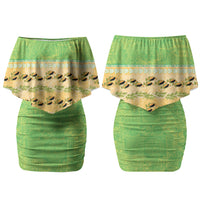 Hawaii Humuhumu Fish Maile Pikake Lei Couples Matching Off Shoulder Short Dress and Long Sleeve Button Shirt Tribal Tapa Green Version