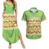 Hawaii Humuhumu Fish Maile Pikake Lei Couples Matching Summer Maxi Dress and Hawaiian Shirt Tribal Tapa Green Version