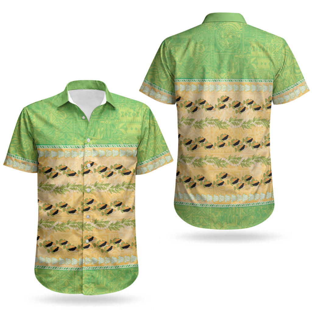 Hawaii Humuhumu Fish Maile Pikake Lei Couples Matching Summer Maxi Dress and Hawaiian Shirt Tribal Tapa Green Version