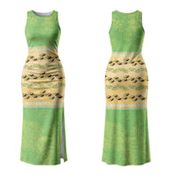 Hawaii Humuhumu Fish Maile Pikake Lei Couples Matching Tank Maxi Dress and Hawaiian Shirt Tribal Tapa Green Version
