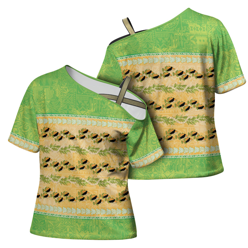 Hawaii Humuhumu Fish Maile Pikake Lei Cross Shoulder Shirt Tribal Tapa Green Version