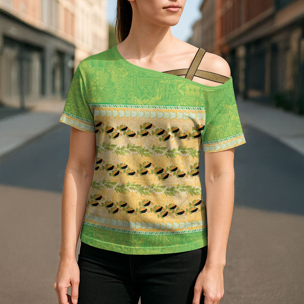 Hawaii Humuhumu Fish Maile Pikake Lei Cross Shoulder Shirt Tribal Tapa Green Version