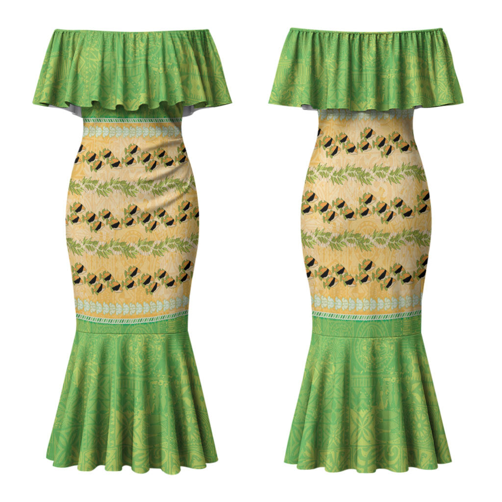 Hawaii Humuhumu Fish Maile Pikake Lei Family Matching Mermaid Dress and Hawaiian Shirt Tribal Tapa Green Version