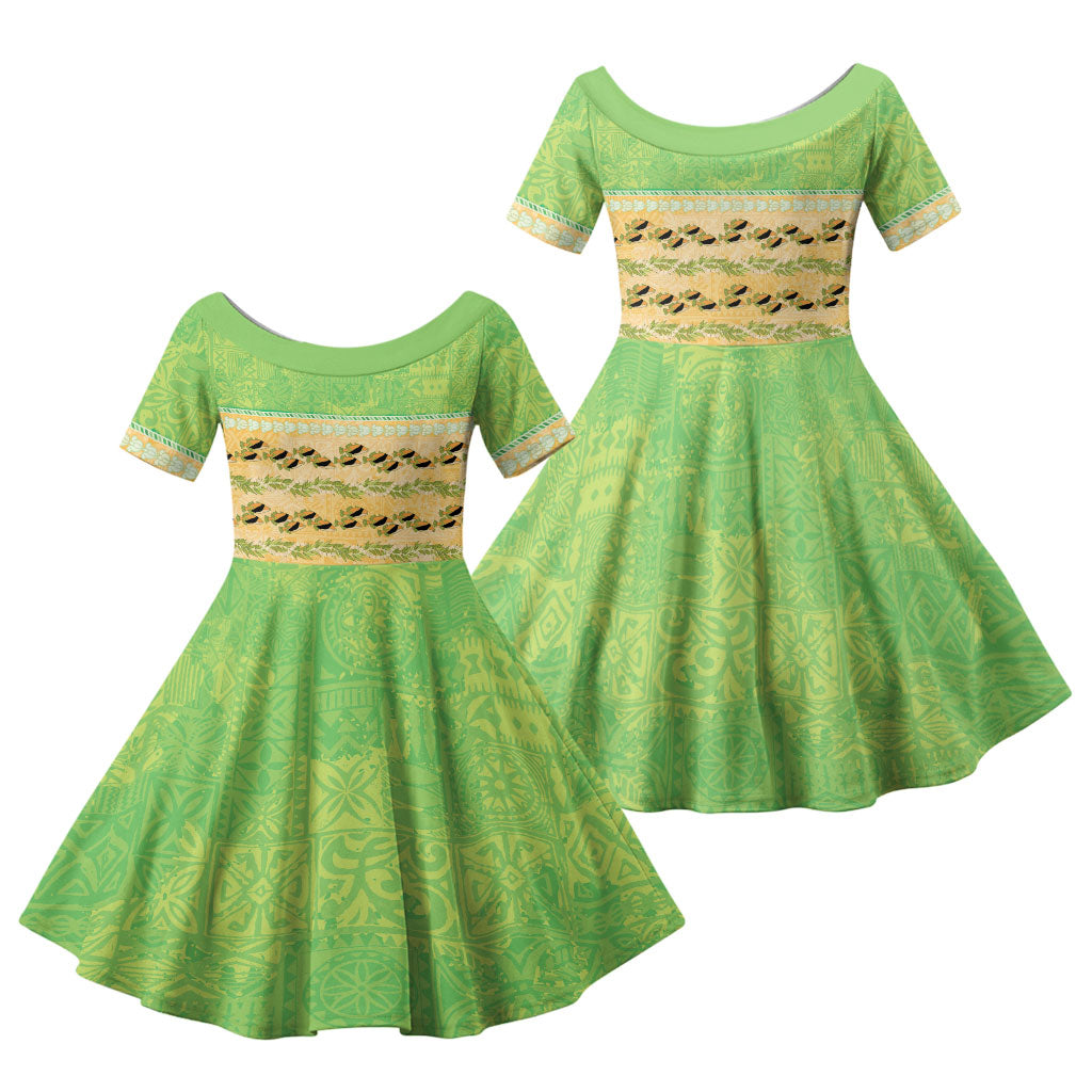 Hawaii Humuhumu Fish Maile Pikake Lei Family Matching Off The Shoulder Long Sleeve Dress and Hawaiian Shirt Tribal Tapa Green Version
