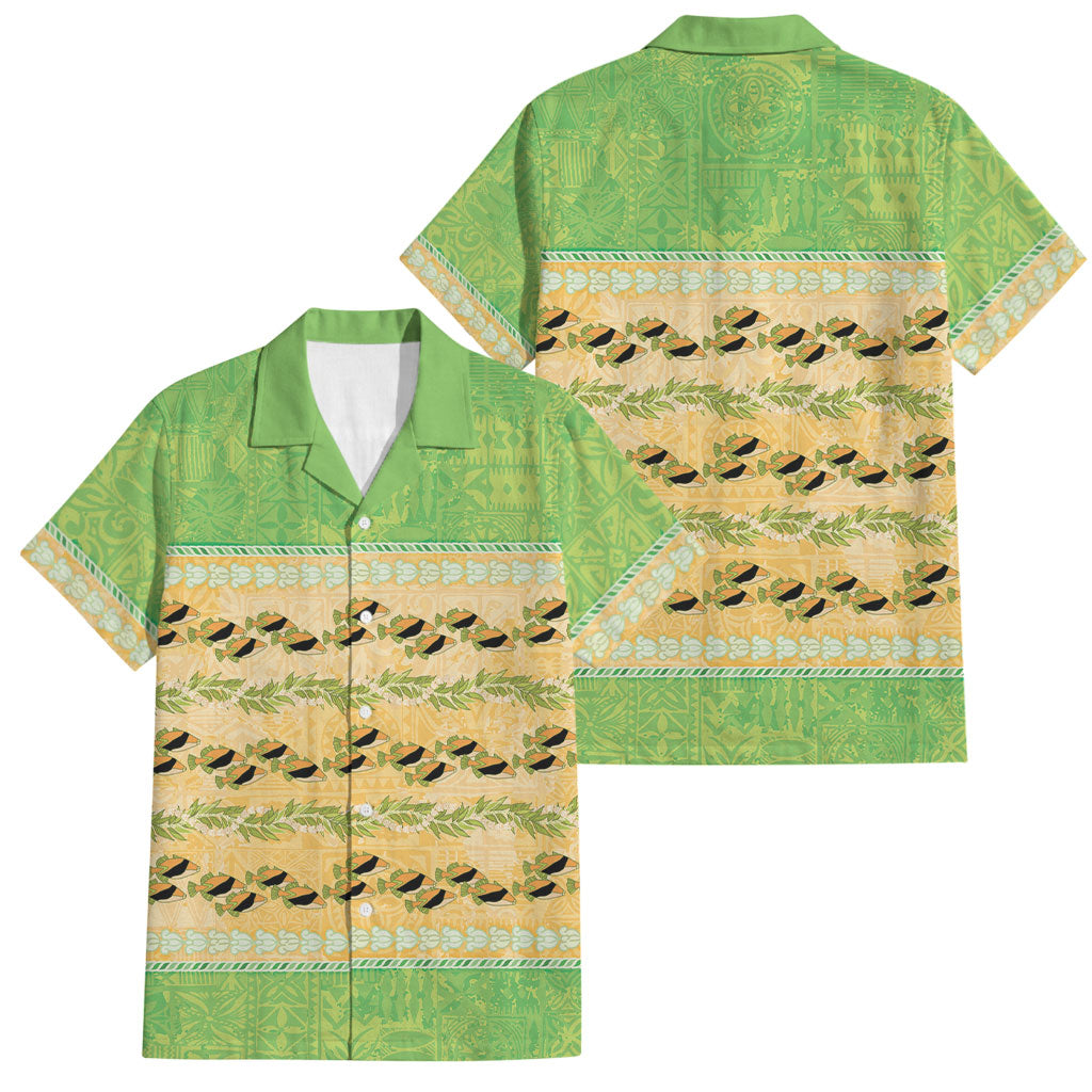 Hawaii Humuhumu Fish Maile Pikake Lei Family Matching Puletasi and Hawaiian Shirt Tribal Tapa Green Version