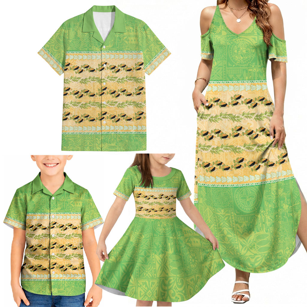 Hawaii Humuhumu Fish Maile Pikake Lei Family Matching Summer Maxi Dress and Hawaiian Shirt Tribal Tapa Green Version