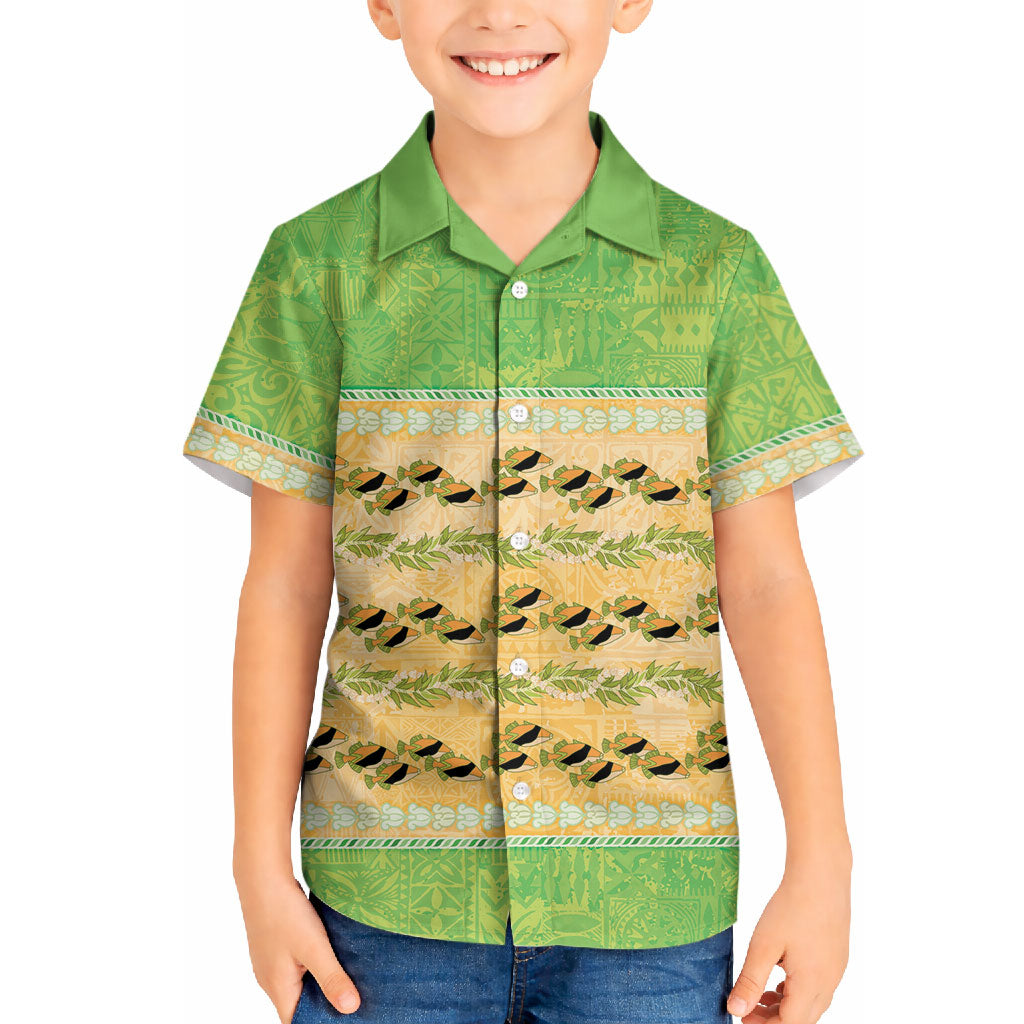Hawaii Humuhumu Fish Maile Pikake Lei Hawaiian Shirt Tribal Tapa Green Version