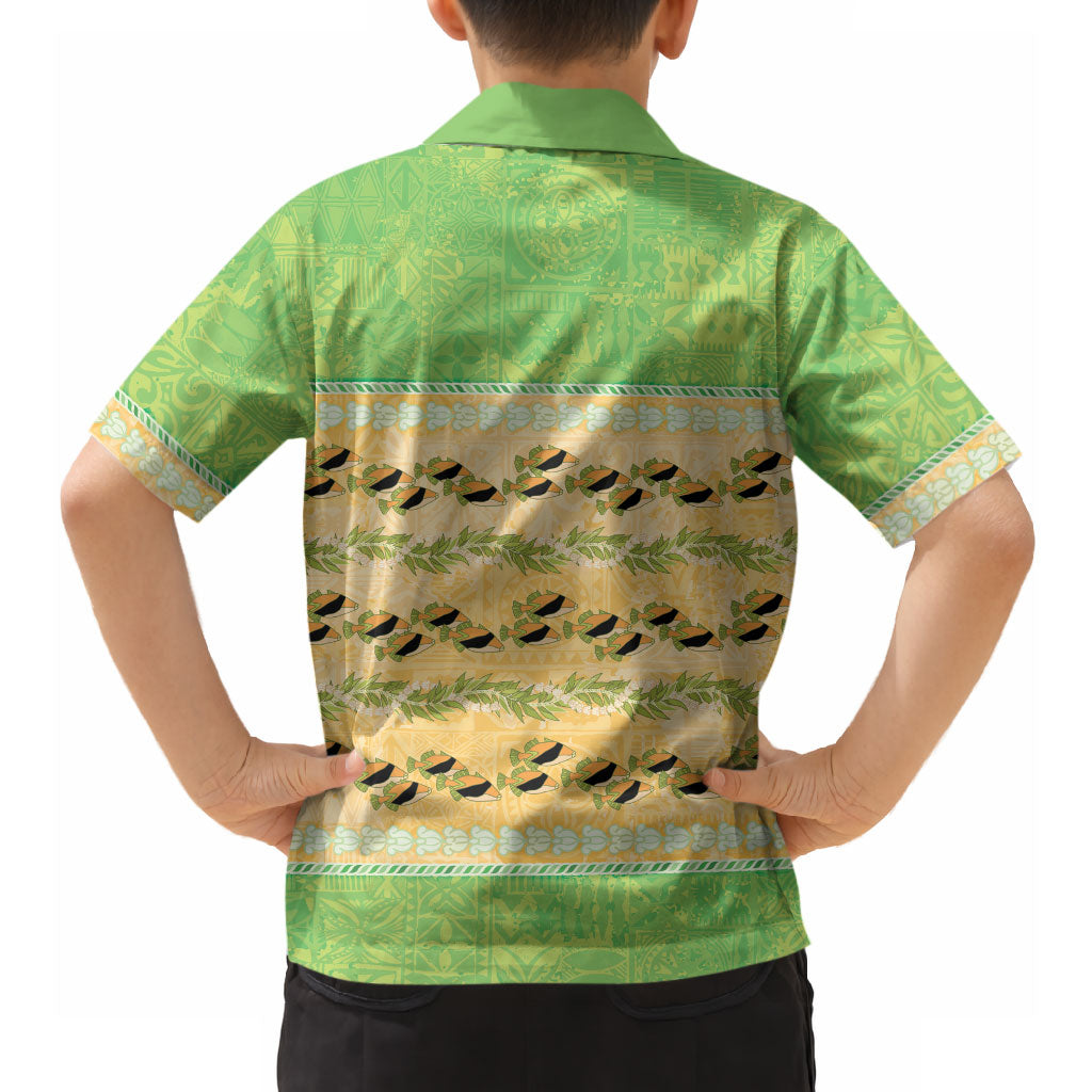 Hawaii Humuhumu Fish Maile Pikake Lei Hawaiian Shirt Tribal Tapa Green Version