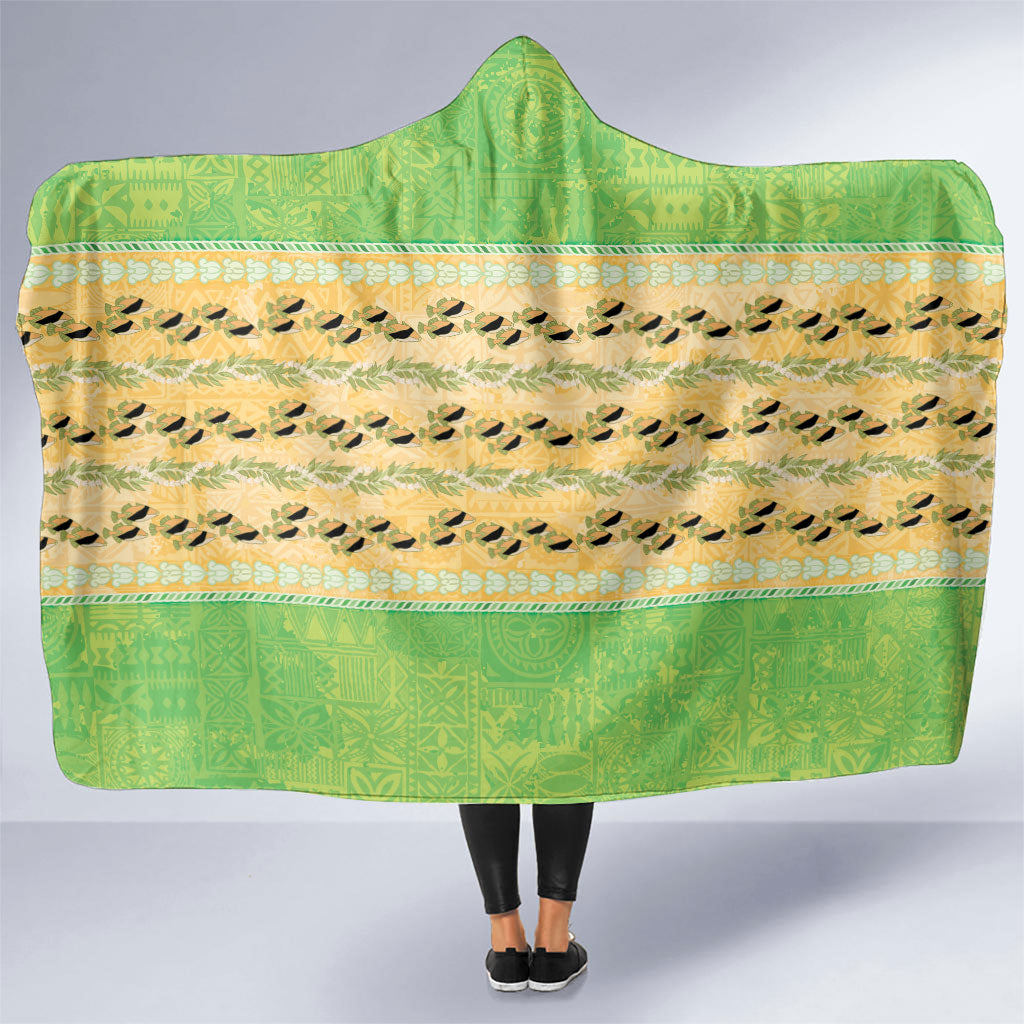 Hawaii Humuhumu Fish Maile Pikake Lei Hooded Blanket Tribal Tapa Green Version