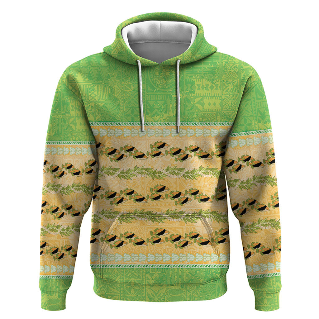 Hawaii Humuhumu Fish Maile Pikake Lei Hoodie Tribal Tapa Green Version