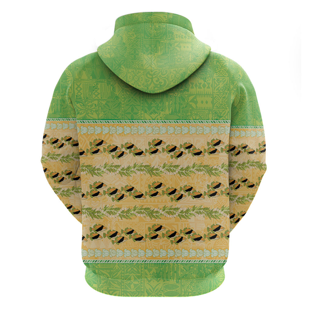 Hawaii Humuhumu Fish Maile Pikake Lei Hoodie Tribal Tapa Green Version