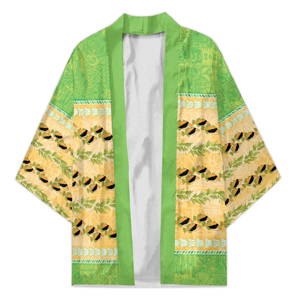 Hawaii Humuhumu Fish Maile Pikake Lei Kimono Tribal Tapa Green Version