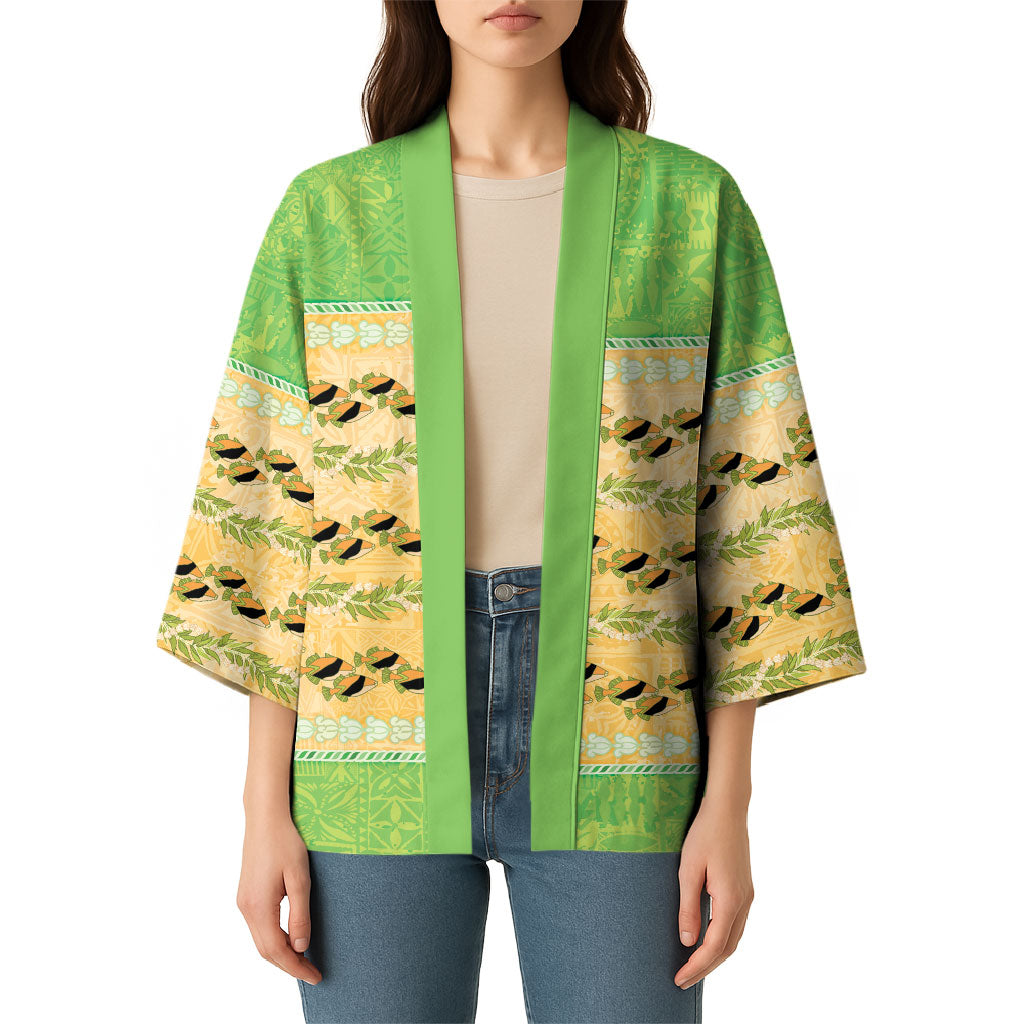 Hawaii Humuhumu Fish Maile Pikake Lei Kimono Tribal Tapa Green Version