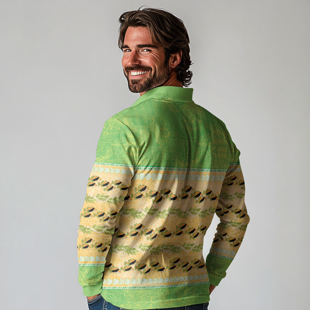 Hawaii Humuhumu Fish Maile Pikake Lei Long Sleeve Polo Shirt Tribal Tapa Green Version