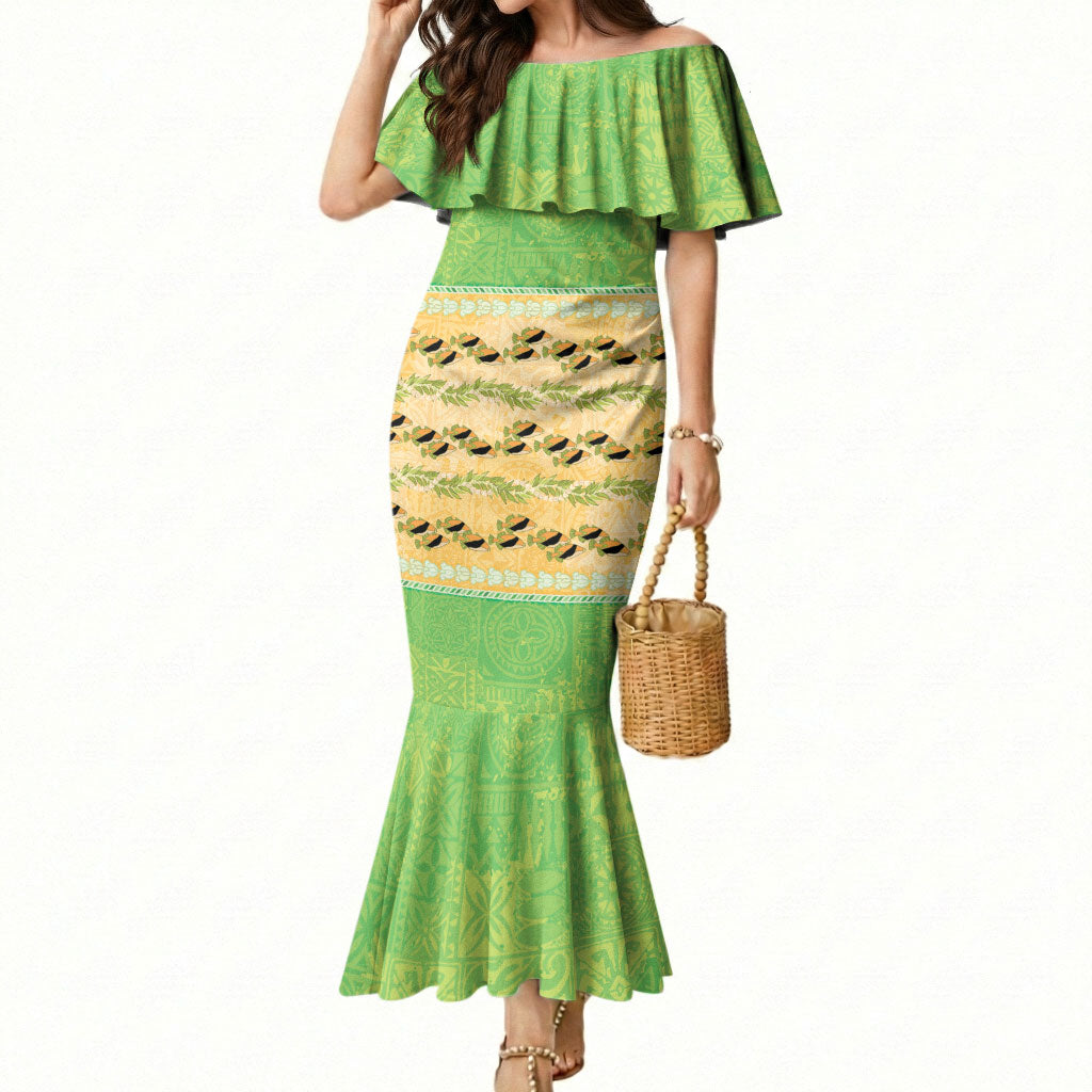 Hawaii Humuhumu Fish Maile Pikake Lei Mermaid Dress Tribal Tapa Green Version