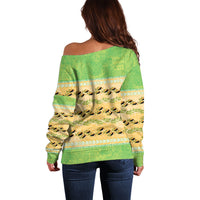Hawaii Humuhumu Fish Maile Pikake Lei Off Shoulder Sweater Tribal Tapa Green Version