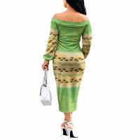 Hawaii Humuhumu Fish Maile Pikake Lei Off The Shoulder Long Sleeve Dress Tribal Tapa Green Version
