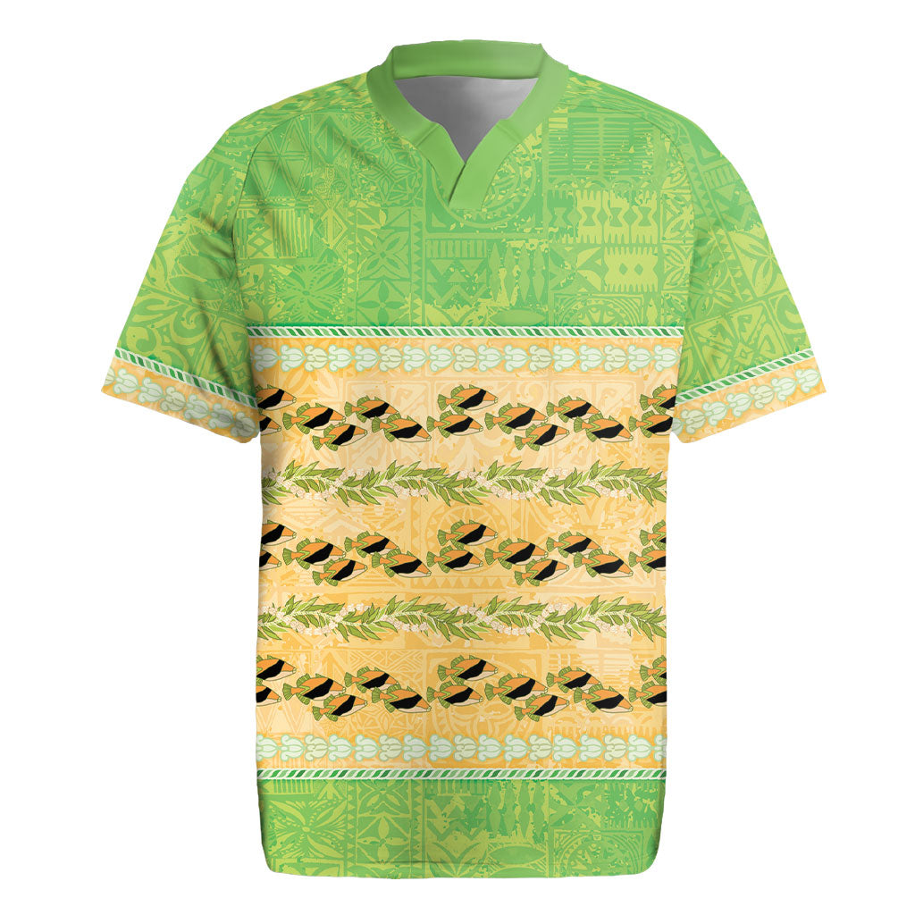 Hawaii Humuhumu Fish Maile Pikake Lei Rugby Jersey Tribal Tapa Green Version