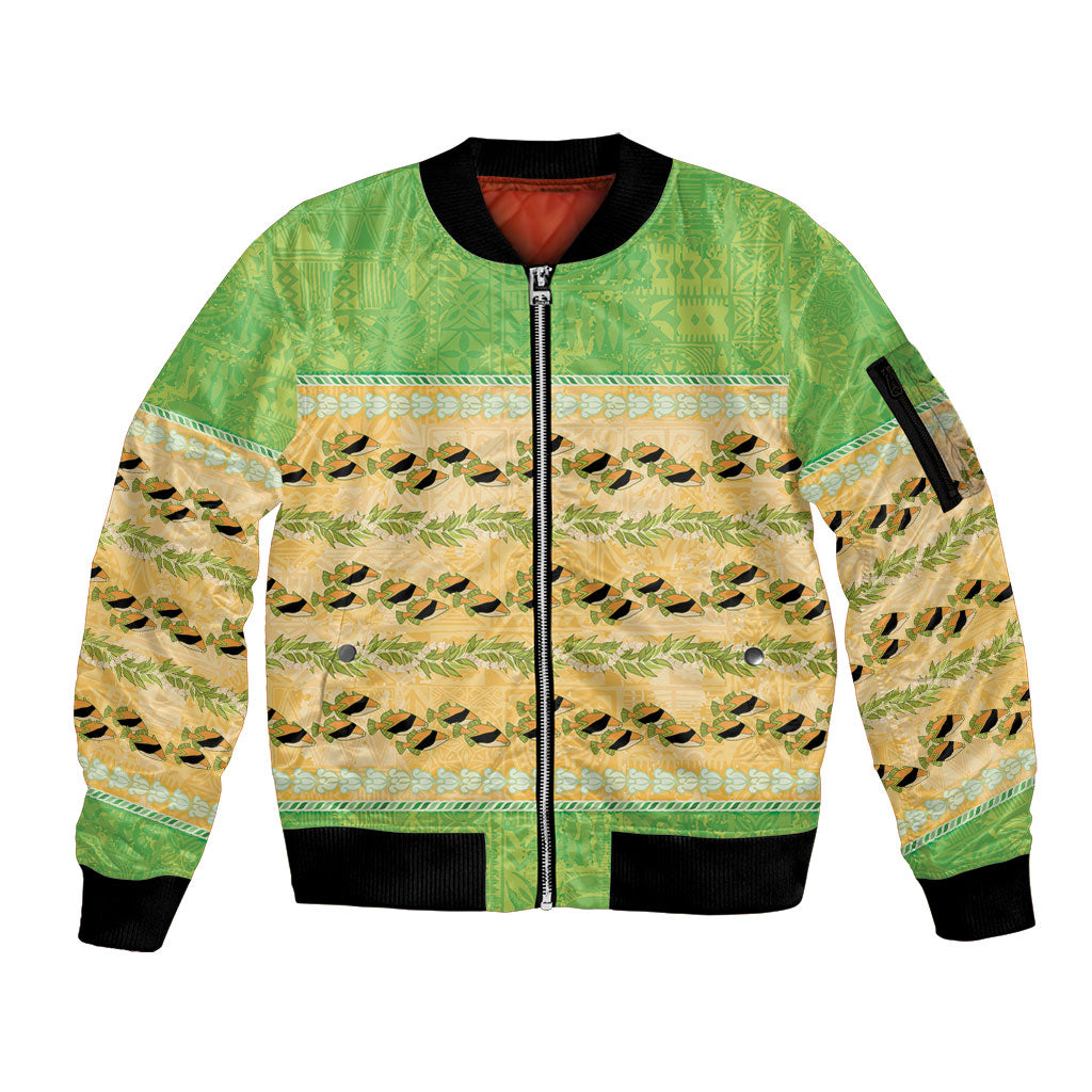 Hawaii Humuhumu Fish Maile Pikake Lei Sleeve Zip Bomber Jacket Tribal Tapa Green Version