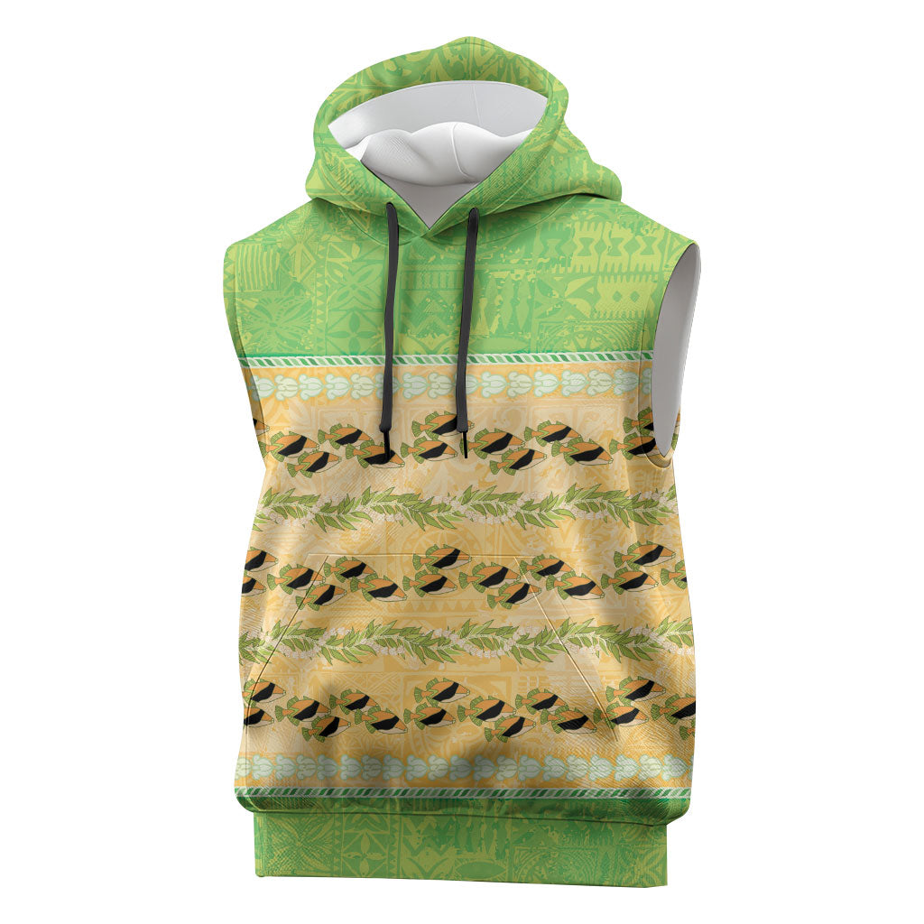 Hawaii Humuhumu Fish Maile Pikake Lei Sleeveless Hoodie Tribal Tapa Green Version LT05 Green - Polynesian Pride