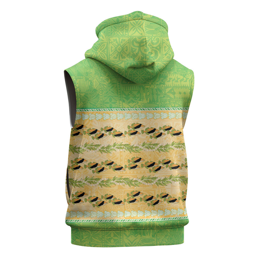 Hawaii Humuhumu Fish Maile Pikake Lei Sleeveless Zip Hoodie Tribal Tapa Green Version