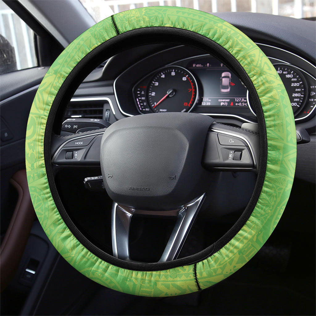 Hawaii Humuhumu Fish Maile Pikake Lei Steering Wheel Cover Tribal Tapa Green Version